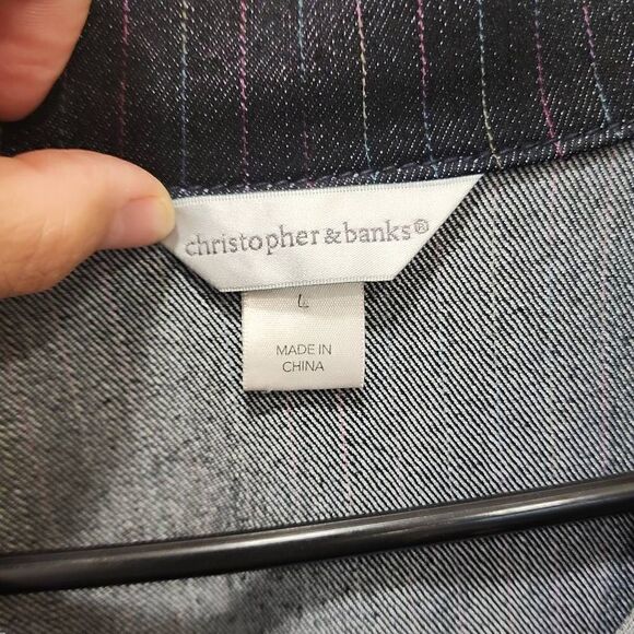 Christopher & Banks Women's Black/ Blue Striped Button Front Denim Jacket Large - Picture 4 of 13